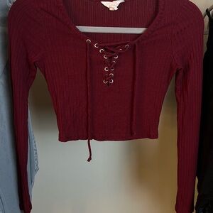 Sun & Shadow Burgundy Long Sleeve Crop Top